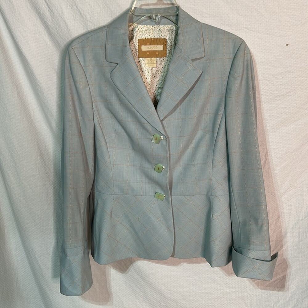 Aura 12 wool spandex baby blue plaid blazer French cuffs designer nwot